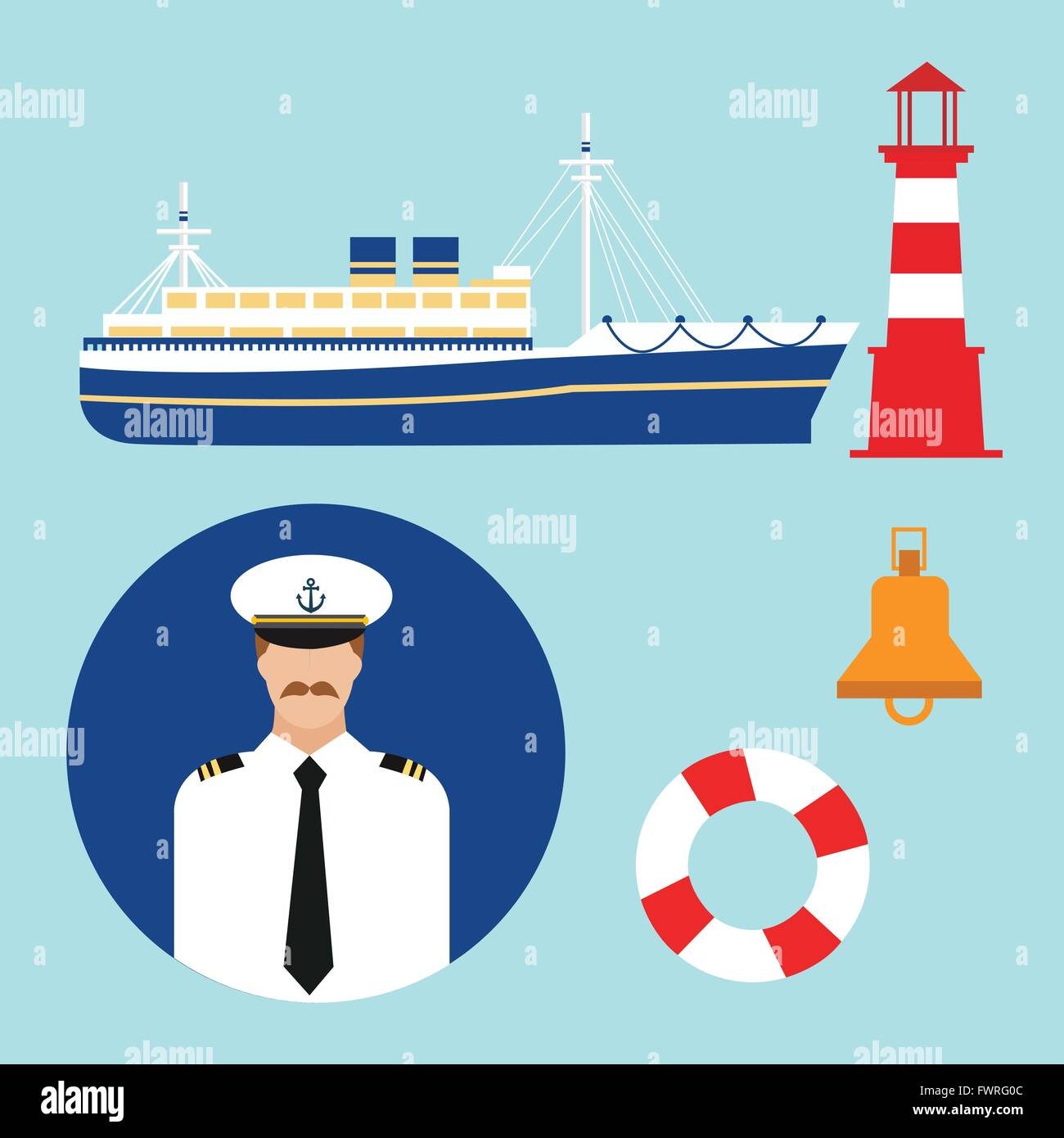 El capitán del buque de crucero Barco marinero conjunto de iconos vectoriales faro náuticas mar marina Ilustración del Vector
