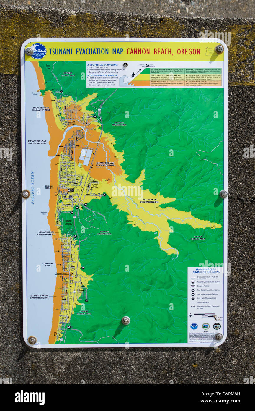 Mapa de evacuación de tsunami para Cannon Beach, Oregón Fotografía de