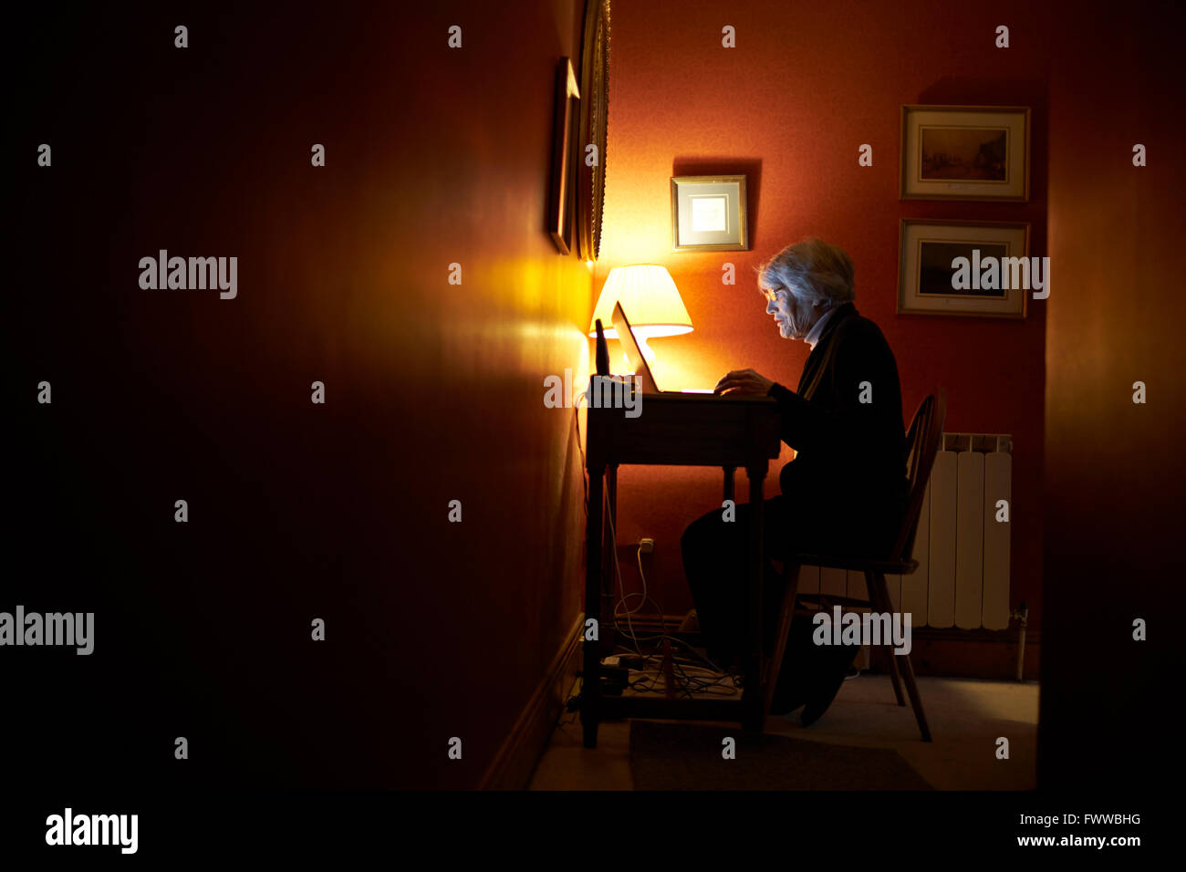 Mujer senior en casa utilizando equipo portátil en el escritorio Foto de stock