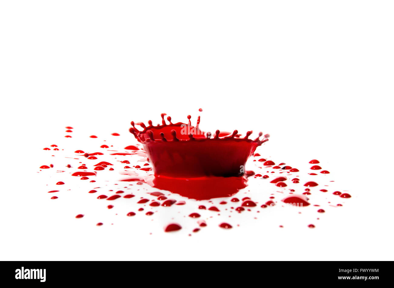 Salpicaduras de pintura roja y un montón de gotas de color rojo alrededor del aislado sobre fondo blanco. Foto de stock