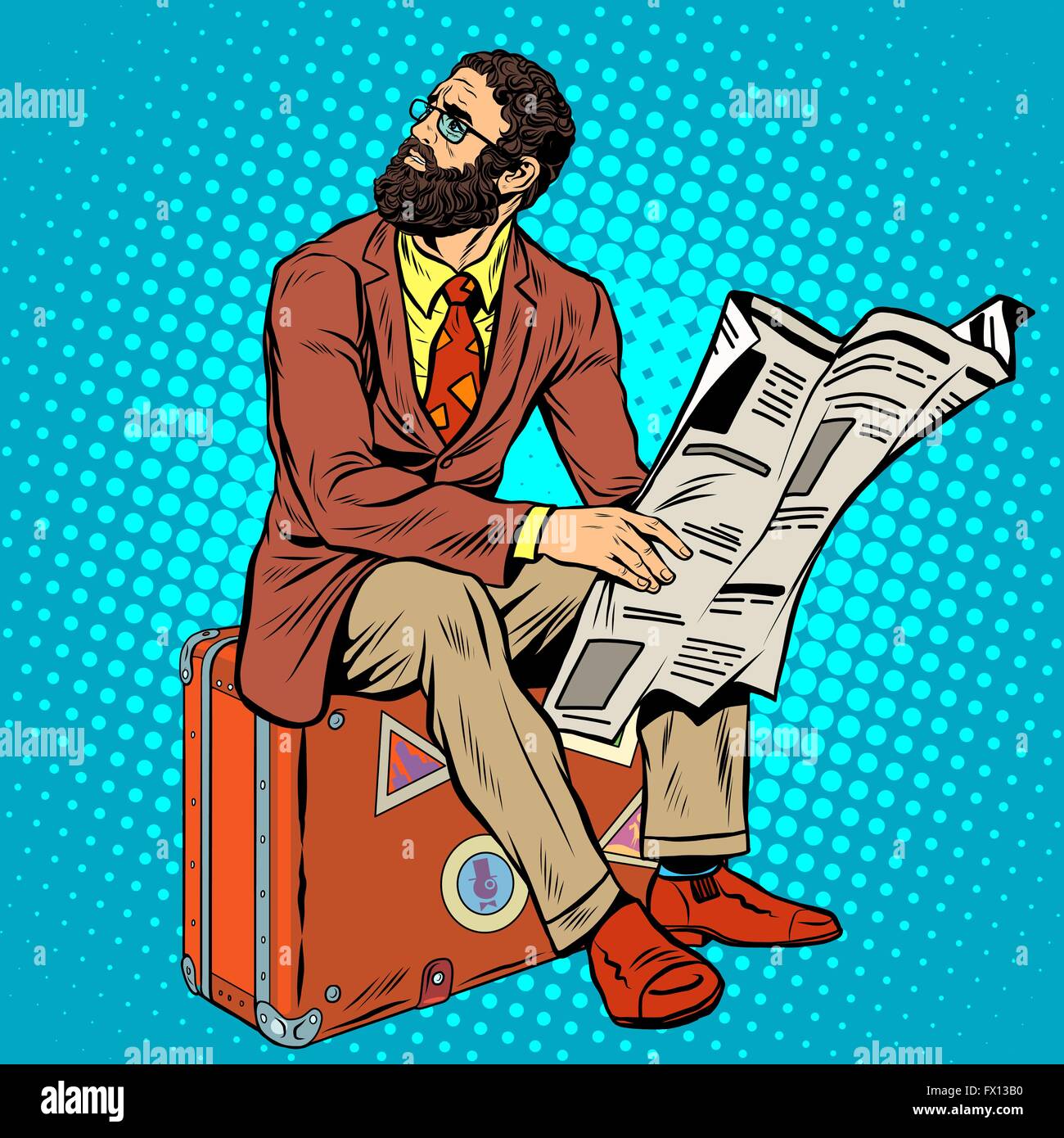 Viajero hipster barbudo leyendo un periódico Ilustración del Vector