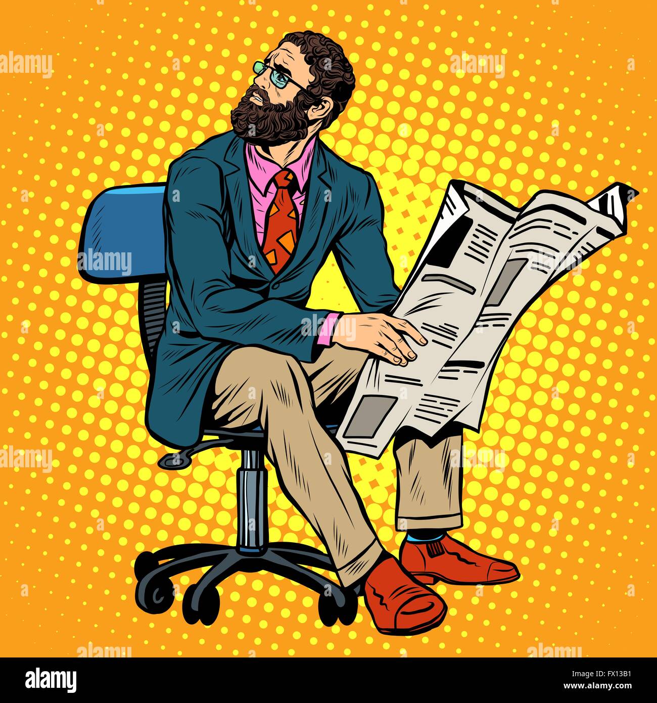 Empresario barbudo leyendo un periódico Ilustración del Vector