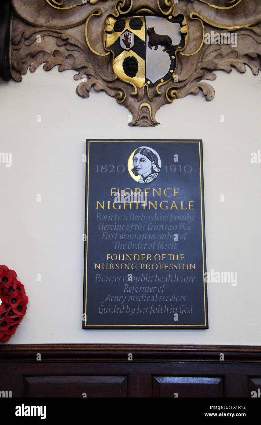 Placa conmemorativa de Florence Nightingale, en la Catedral de Derby Foto de stock