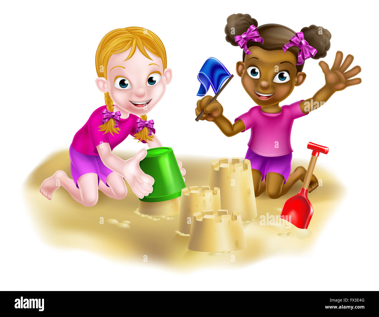 Dibujos animados para niños, una niña blanco negro, jugando en un hoyo o en  la arena de la playa haciendo castillos de arena juntos en la arena  Fotografía de stock - Alamy