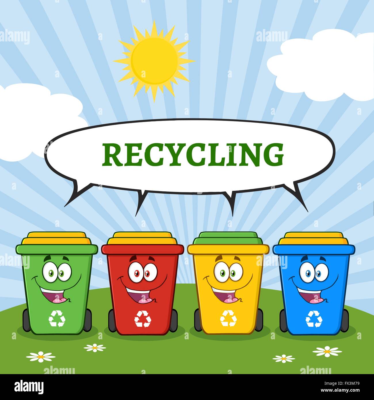 Las Papeleras de reciclaje de cuatro colores de dibujos animados sobre una  colina soleada con burbujas de voz y Texto reciclado Imagen Vector de stock  - Alamy