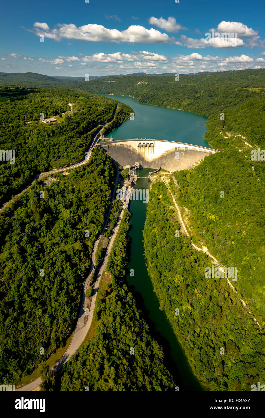 Vista aérea, Lago Vouglans Vouglans, embalse, Depósito, Lect, Francia, Franche-Comte, Francia, Europa, vista aérea, aves de ojos vista, Foto de stock