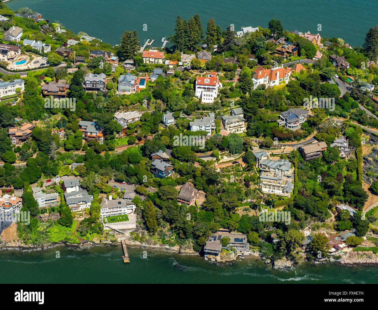 Vista aérea de la península, punto, vivienda en la península, villas, Península Belvedere Tiburon, San Francisco Bay Area, Foto de stock