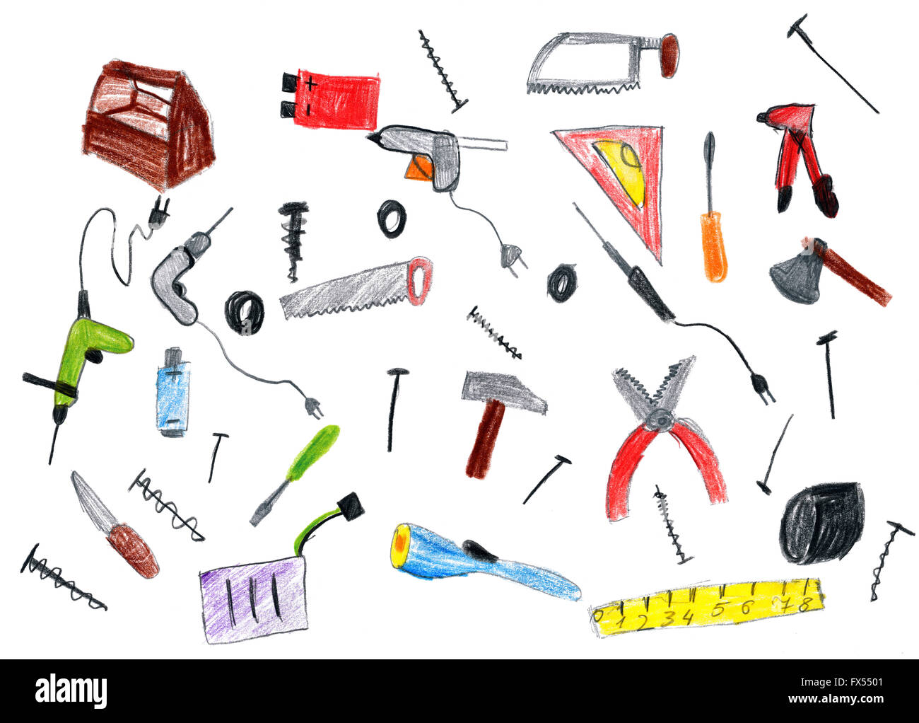 Colección de herramientas de hardware de dibujos animados, los niños objeto  de dibujo en papel, dibujadas a mano arte imagen Fotografía de stock - Alamy