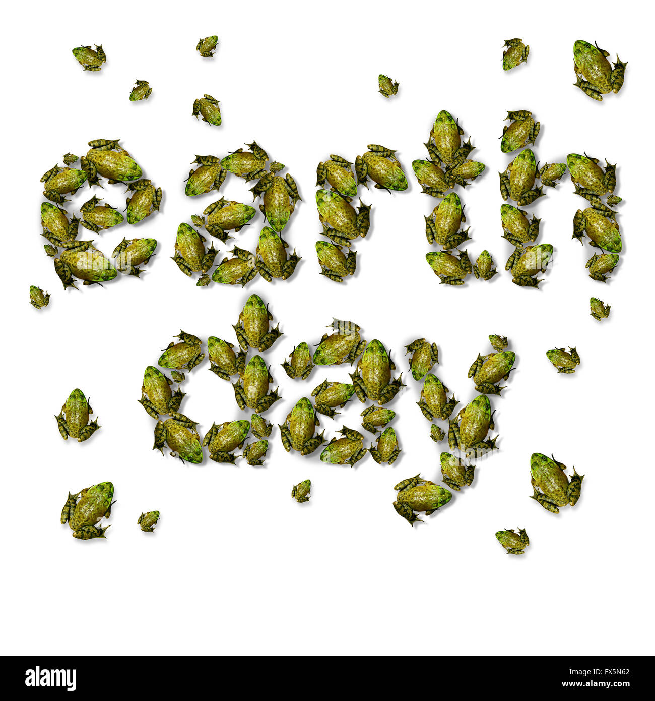 Green Earth day ecxological concepto como un grupo de ranas se reúnen para formar un texto como símbolo medioambiental para la protección de hábitat amenazadas e. Foto de stock