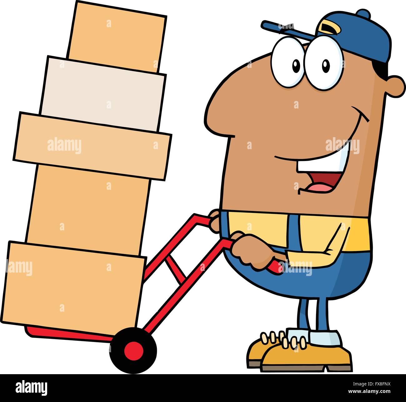 Entrega afroamericano hombre personaje de dibujos animados usando una grúa  para mover las cajas Imagen Vector de stock - Alamy