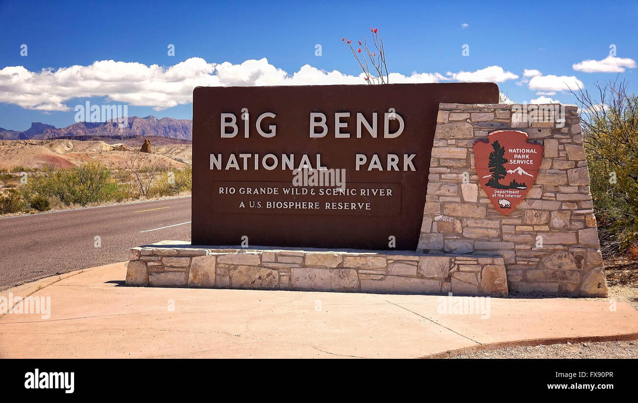 Señal de entrada al Parque Nacional de Big Bend en Texas Foto de stock