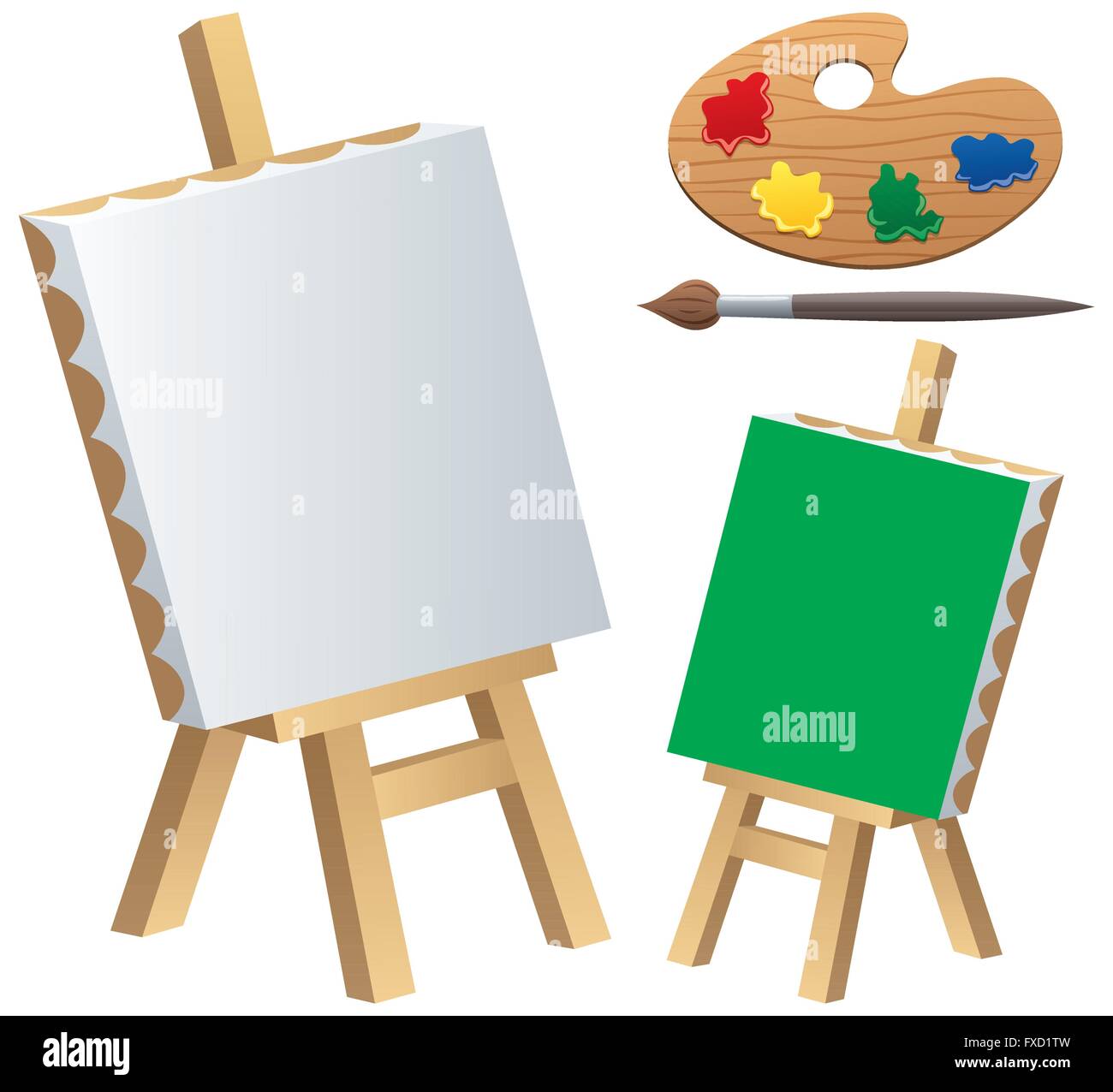 Cartoon ilustración del lienzo, caballete, paleta y pincel aislado sobre  fondo blanco. Existe una versión de la lona en Imagen Vector de stock -  Alamy