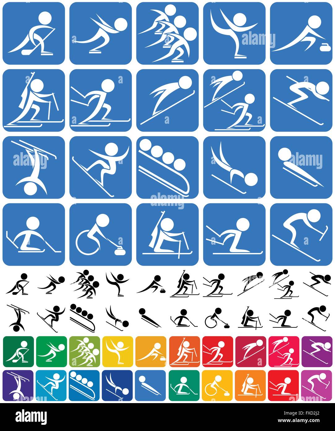 Conjunto de 20 pictogramas de los deportes olímpicos de invierno, en 3 versiones. Sin transparencia y degradados. Ilustración del Vector