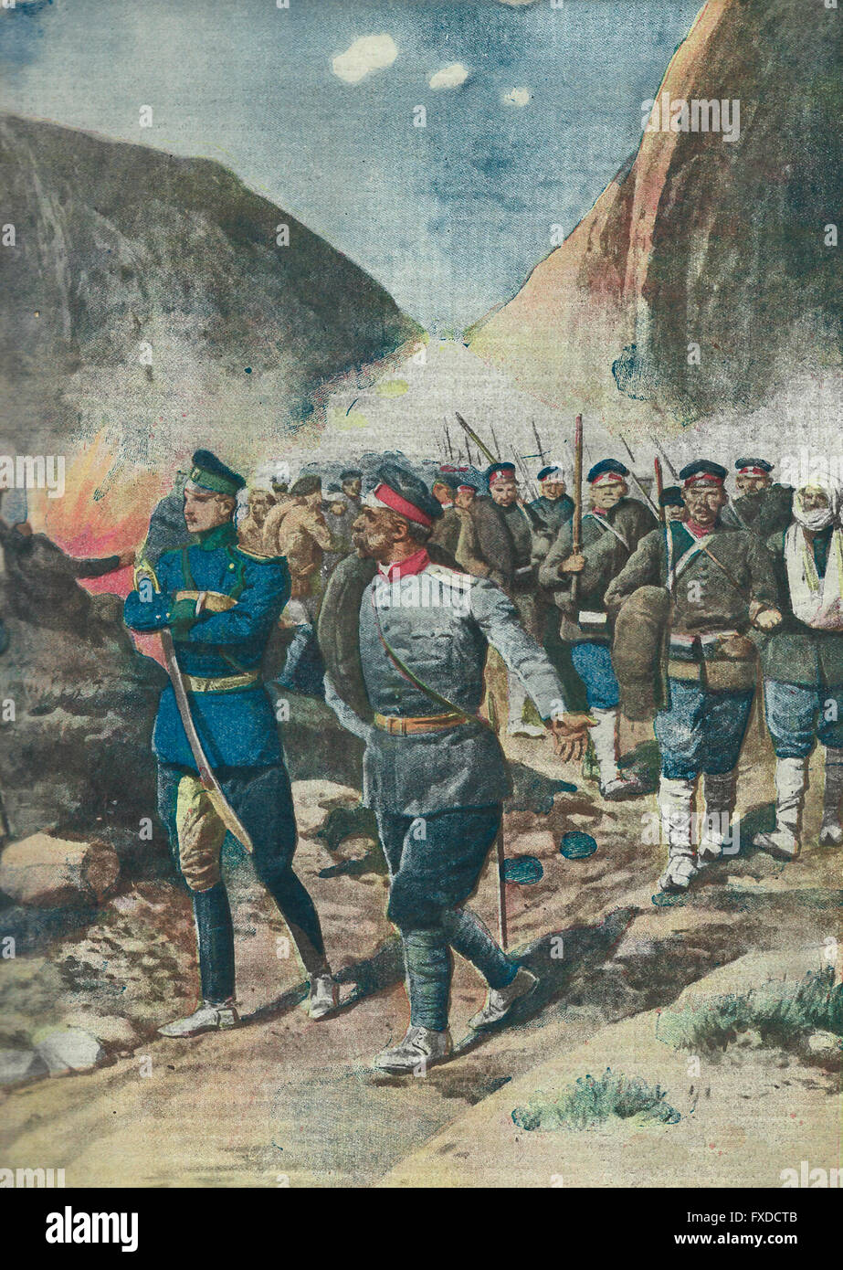 Los acontecimientos de la guerra: Los búlgaros, victorioso de ayer, derrotó hoy en retiro perseguido, atormentado por el fuego enemigo. 1913 Foto de stock