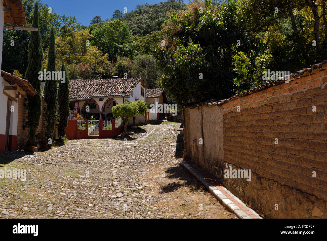Casas de ladera en el camino de piedra en San Sebastian del Oeste Jalisco México Foto de stock