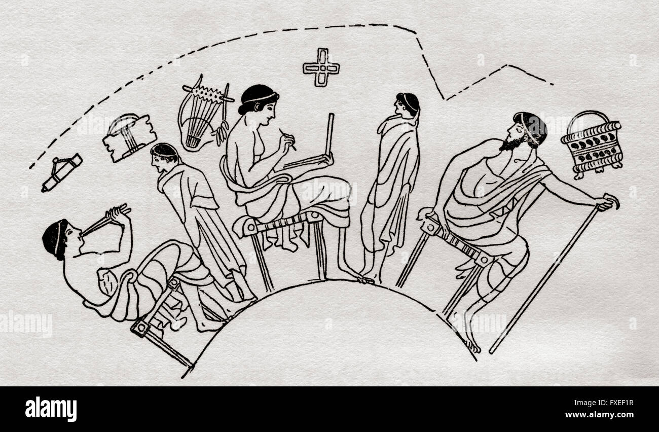 Una escuela en la antigua Grecia. Ilustración inspirada en un jarrón griego pintado. Foto de stock