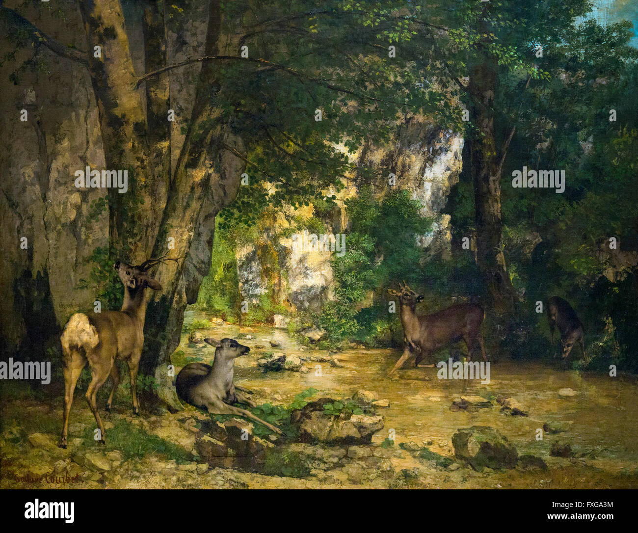 Retorno de los Ciervos hasta el arroyo de Plaisir Fontaine, La Remise des Chevreuils au ruisseau de Plaisir-Fontaine, Gustave Courbet Foto de stock