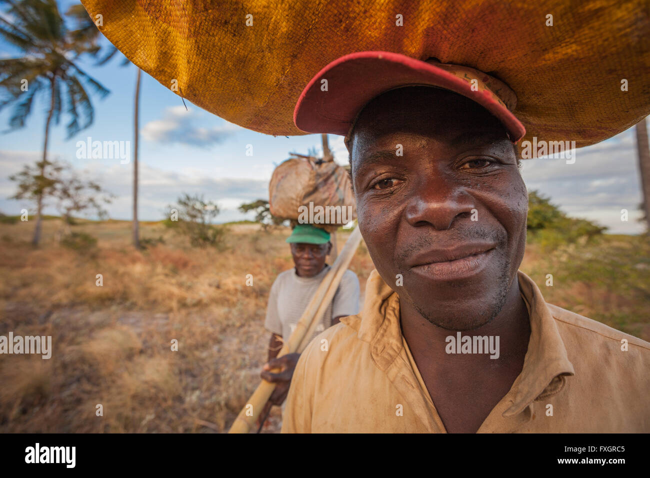 Mozambique, un hombre sonriente en la plantación de palma africana con el carro en la cabeza. Foto de stock