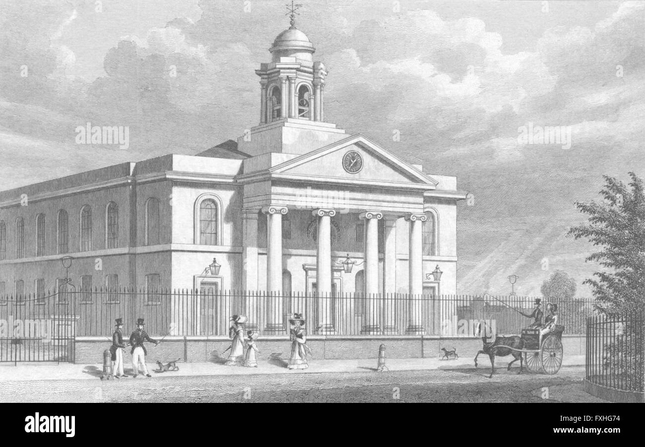 Londres: St Mary Le-Bone capilla, John's Wood Road, grabado antiguo 1828 Foto de stock