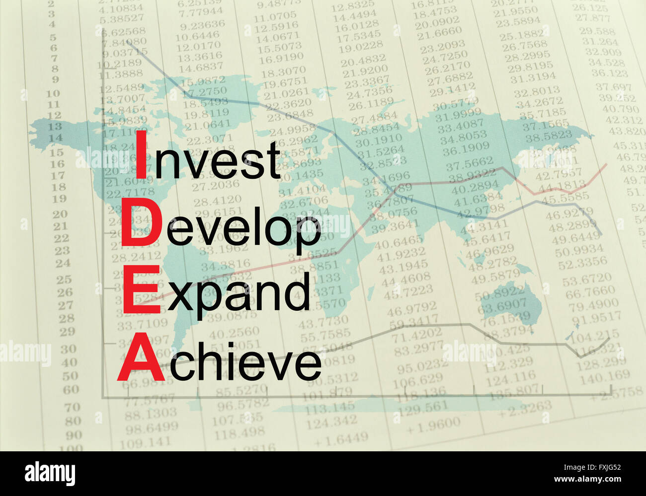 Acrónimo IDEA - Invertir, desarrollar, ampliar, lograr. Concepto Foto de stock