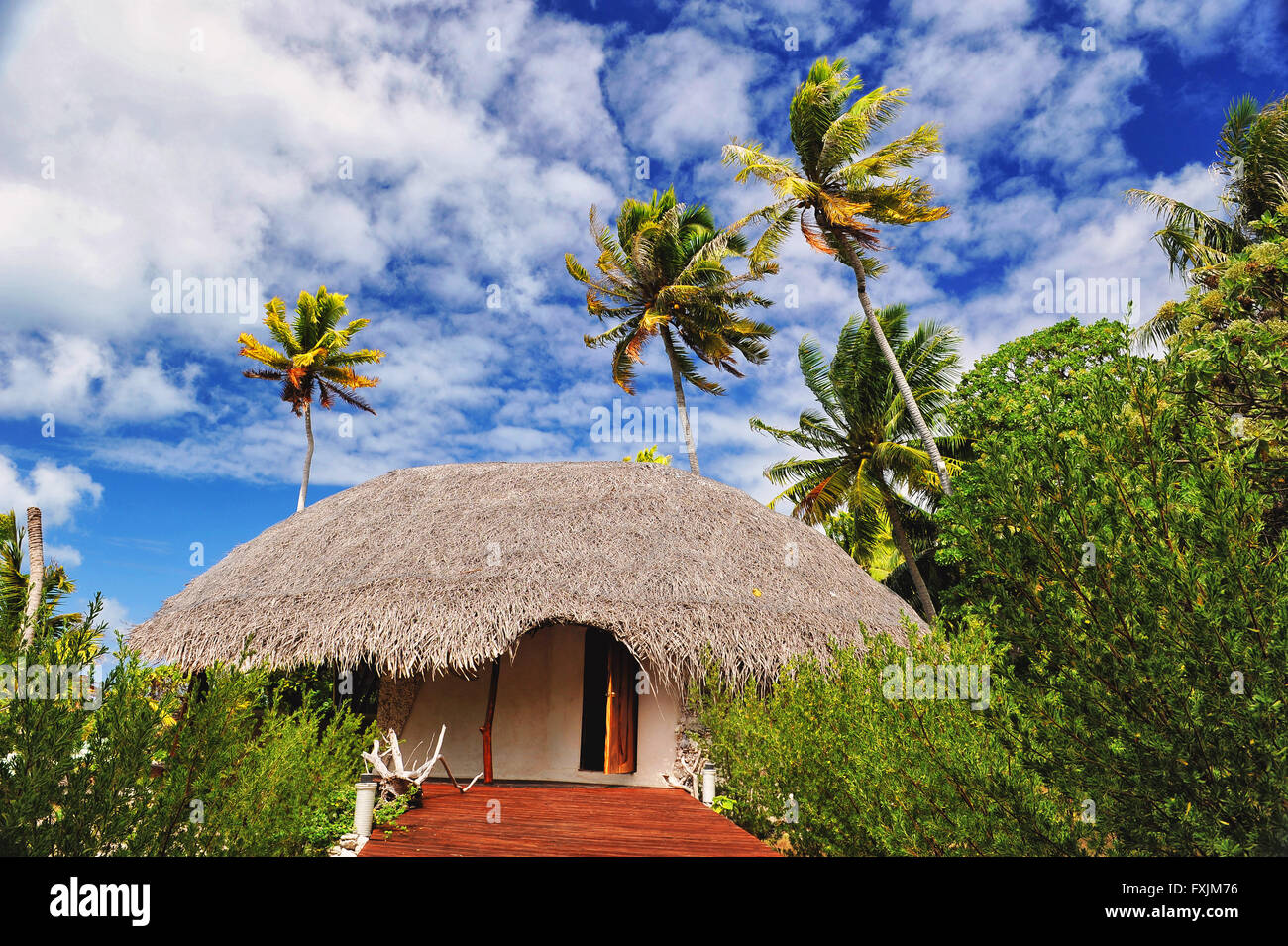 Tikehau, el atolón de las Islas Tuamotu, Polinesia. Un eco resort en medio de palmeras verdes con una bonita postal sky Foto de stock