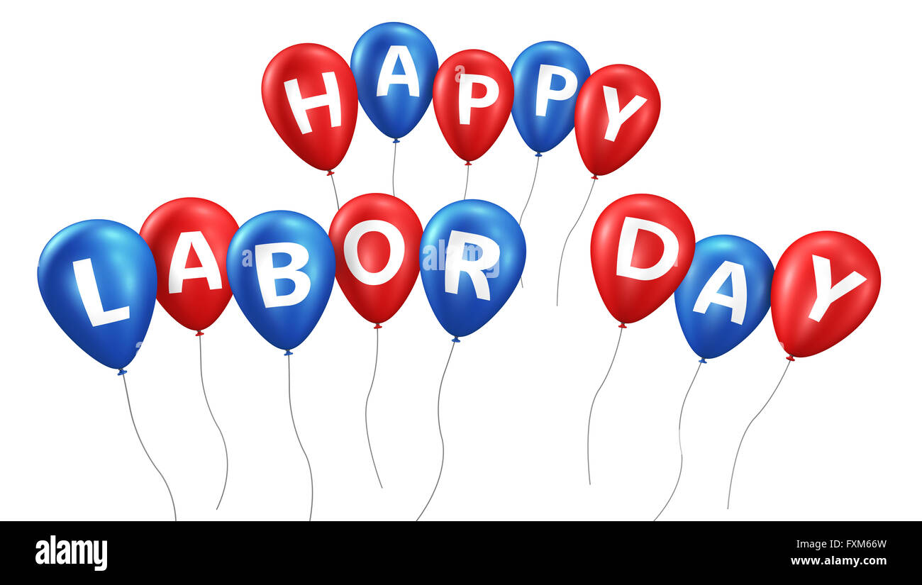 Feliz Día del Trabajo Concepto de vacaciones con signo y letras en globos flotantes ilustración 3D aislado sobre fondo blanco. Foto de stock