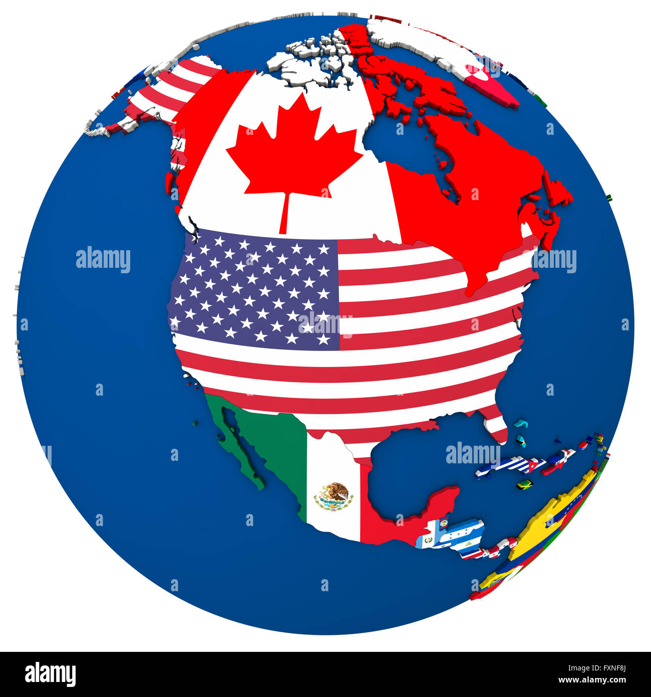Mapa político de América del Norte con cada país representado por su bandera nacional Mapa político de América del Norte con cada país representado por su bandera nacional