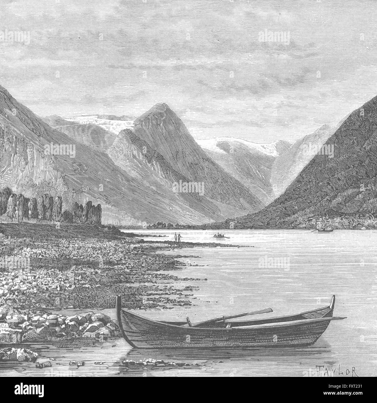 Noruega: Fjaerland-Fiord, grabado antiguo c1885 Foto de stock