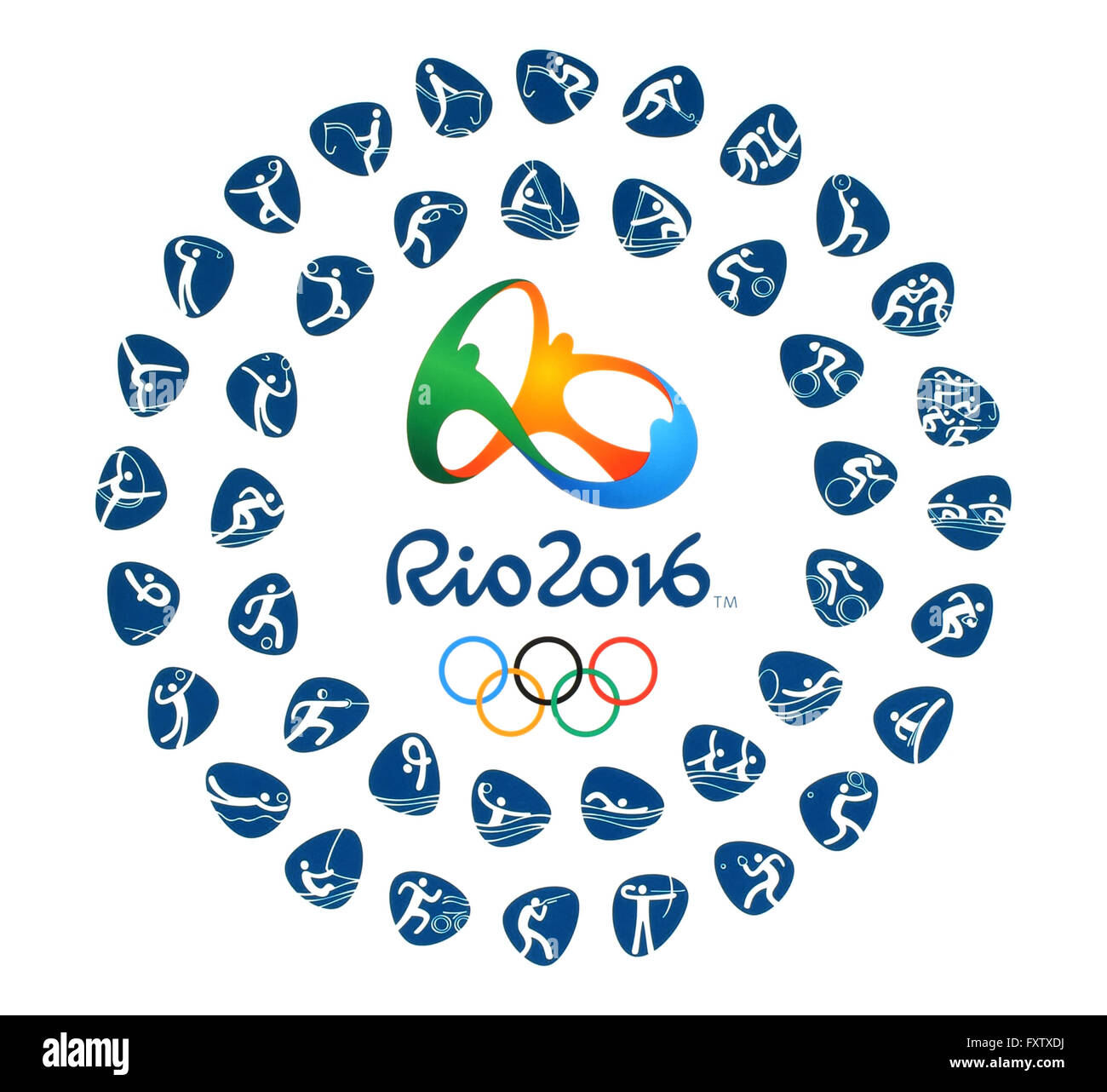 Kiev, Ucrania - Marzo 12, 2016: el logotipo oficial de los Juegos Olímpicos de Verano de 2016 con clases de deporte en Río de Janeiro, Brasil, el p. Foto de stock