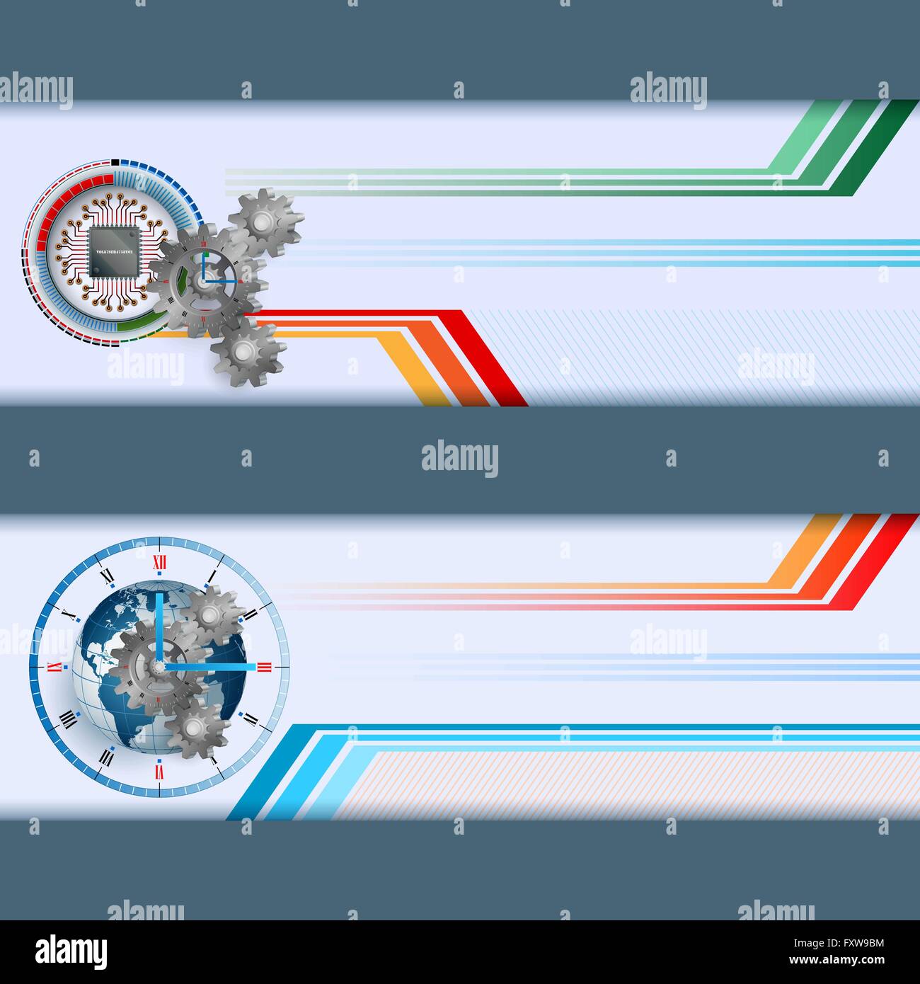 Banner web plantilla con chip electrónico detrás de 3d y ruedas dentadas de  reloj genérico con globo terrestre como dial Imagen Vector de stock - Alamy