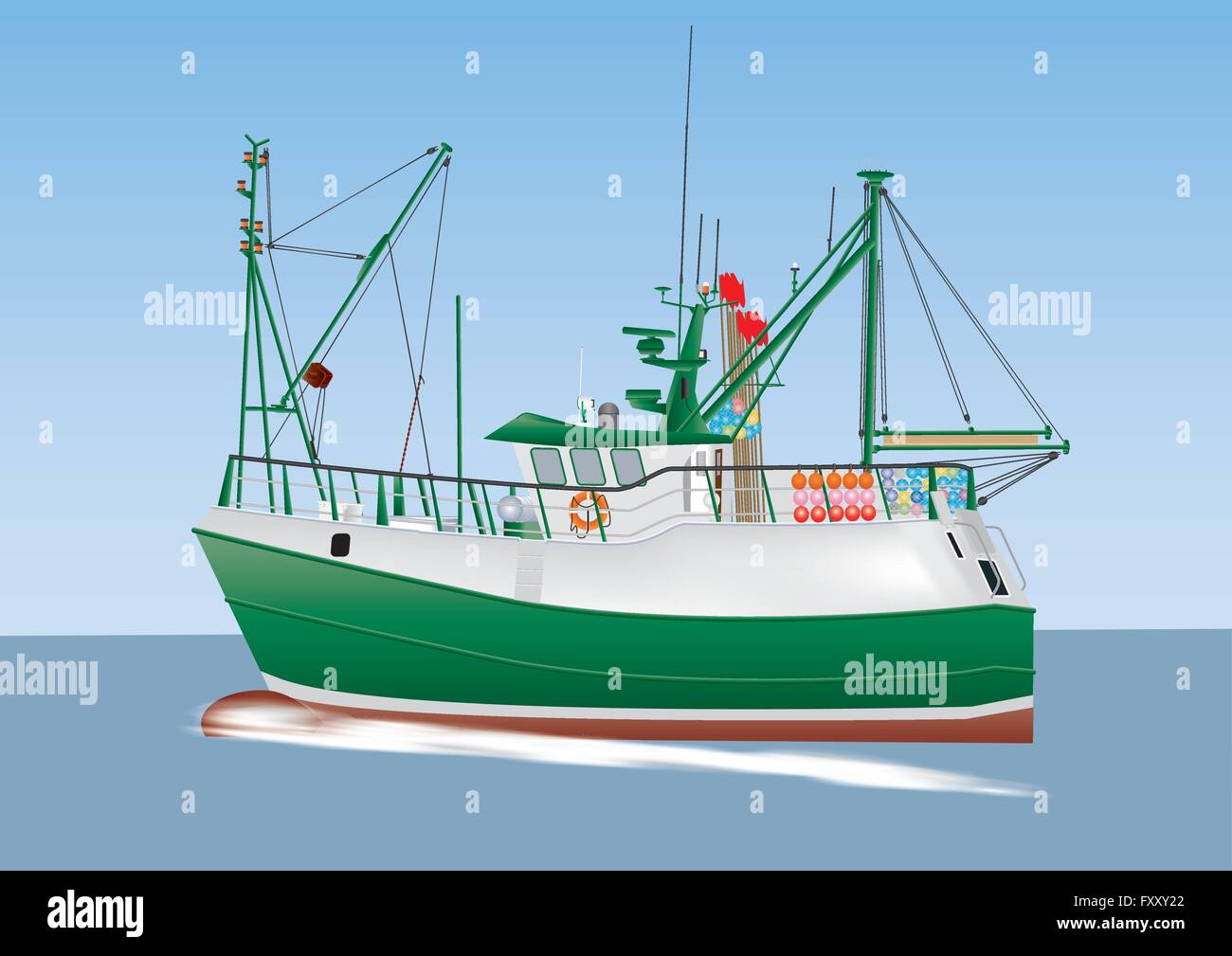 Verde y blanco, un barco de pesca de vela en un mar en calma Ilustración del Vector