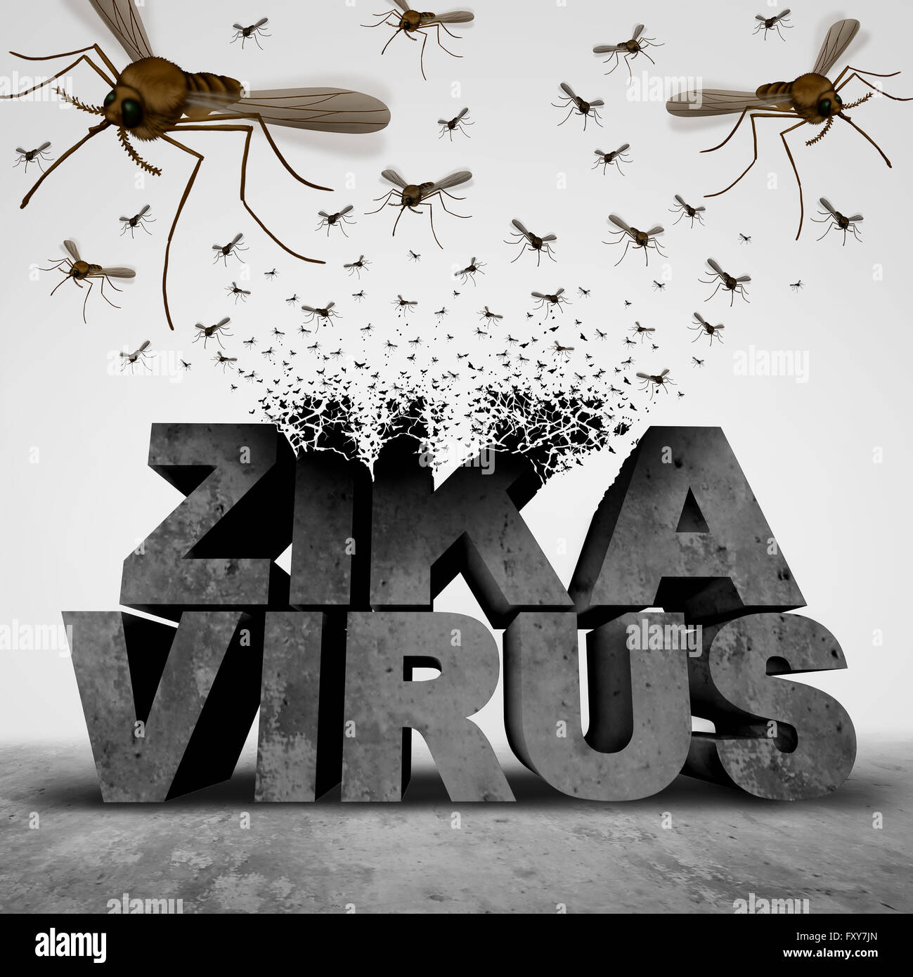 Peligro virus Zika concepto como una ilustración 3D transformar texto a un grupo de enjambres de mosquitos, la propagación de las enfermedades infecciosas como un brote epidémico de riesgo para la salud pública y el temor de un símbolo. Foto de stock