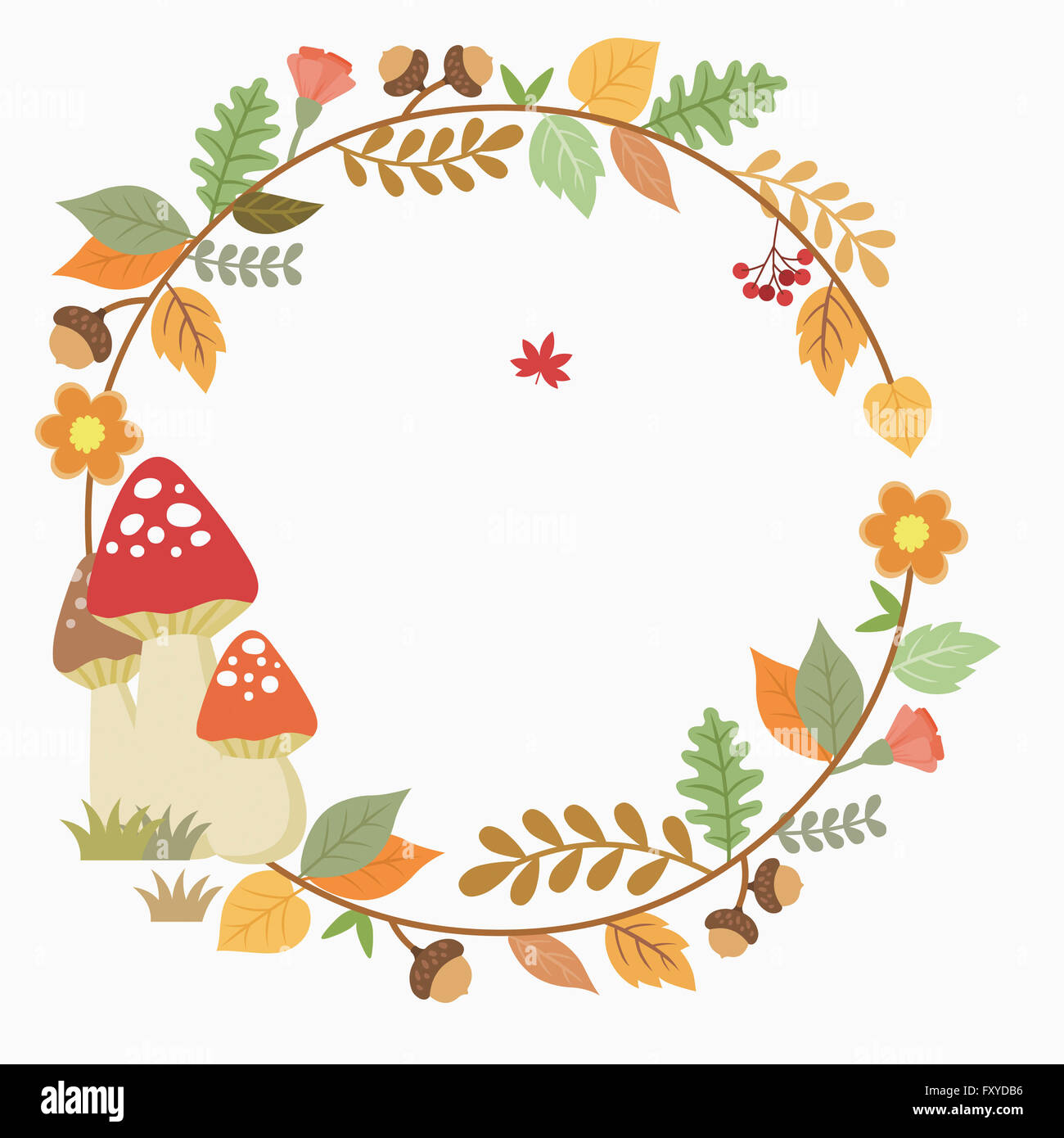 Bastidor de círculo decorado con plantas, flores, setas y frutos en otoño  Fotografía de stock - Alamy