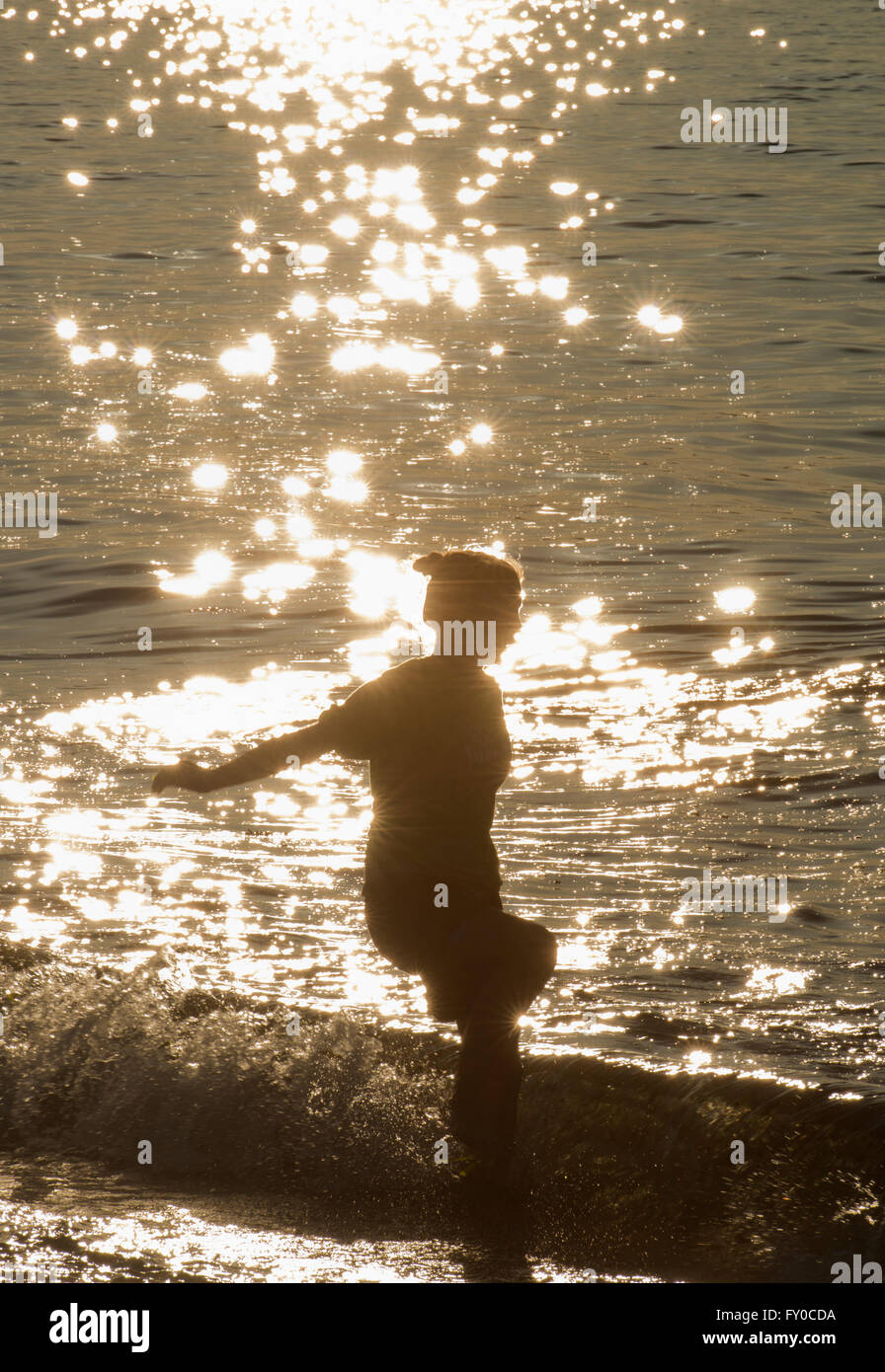 Jugando en las olas, puesta de sol, Alki Beach, Puget Sound, Seattle, Washington Verano Foto de stock