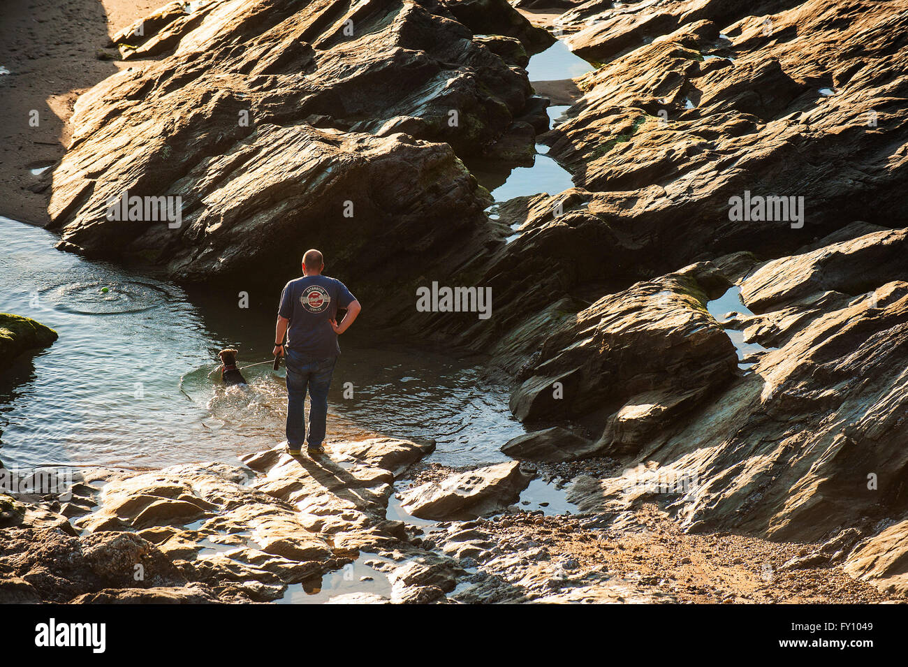 Un hombre y su perro parado sobre las rocas de la playa Fistral en Newquay, Cornwall. Foto de stock