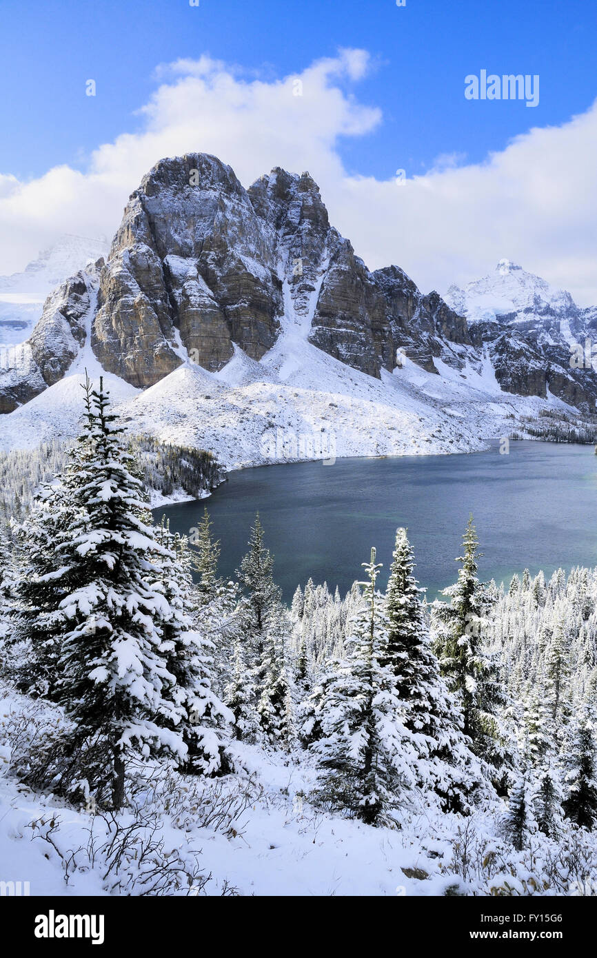 Sunburst Pico y Reinita Lago, Parque Provincial Monte Assiniboine, British Columbia, Canadá Foto de stock