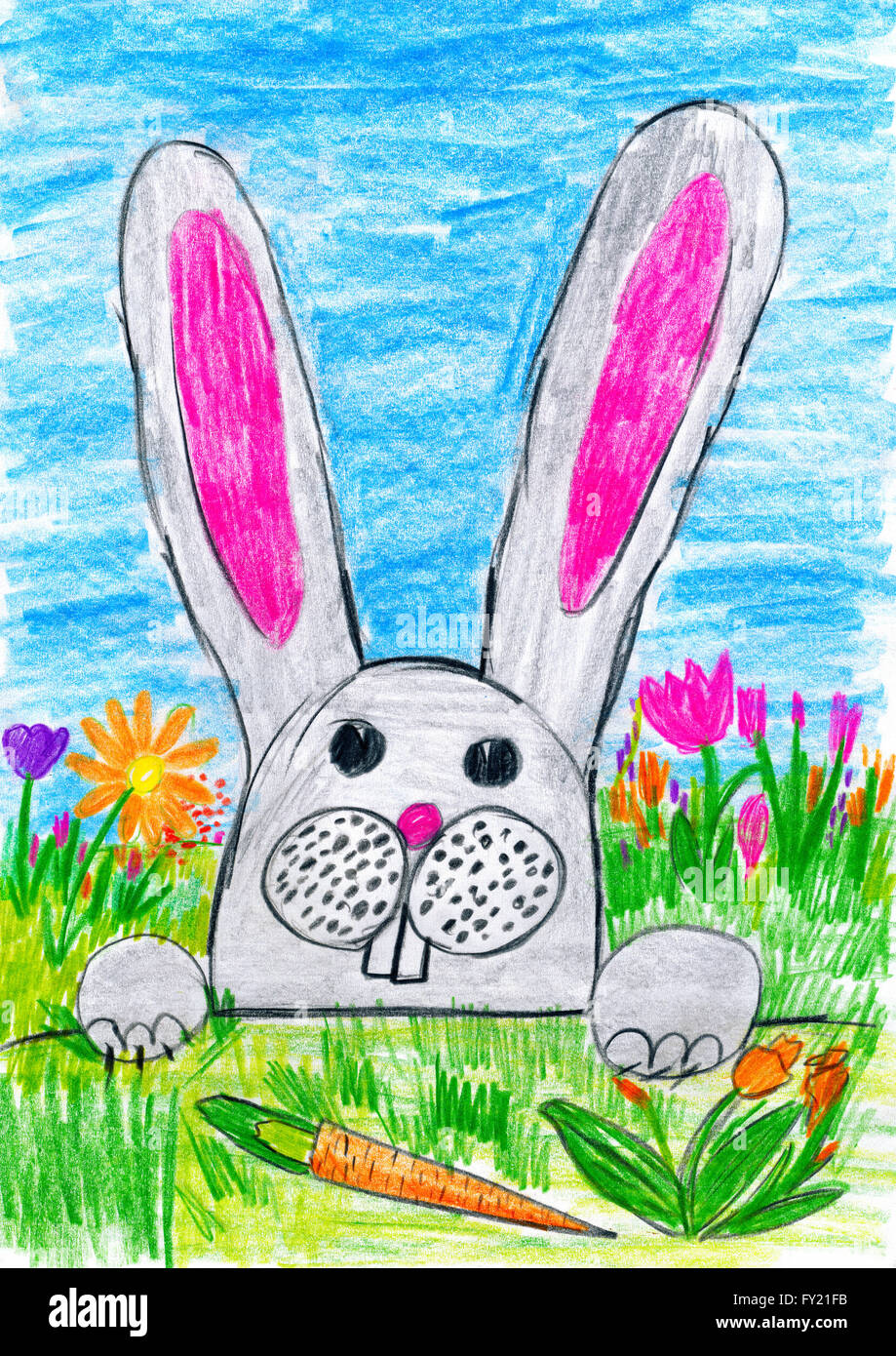 El Conejo de pascua en la pasto verde pradera con huevos y verduras,  concepto de vacaciones, temporada de primavera, niño dibujo sobre papel  Fotografía de stock - Alamy