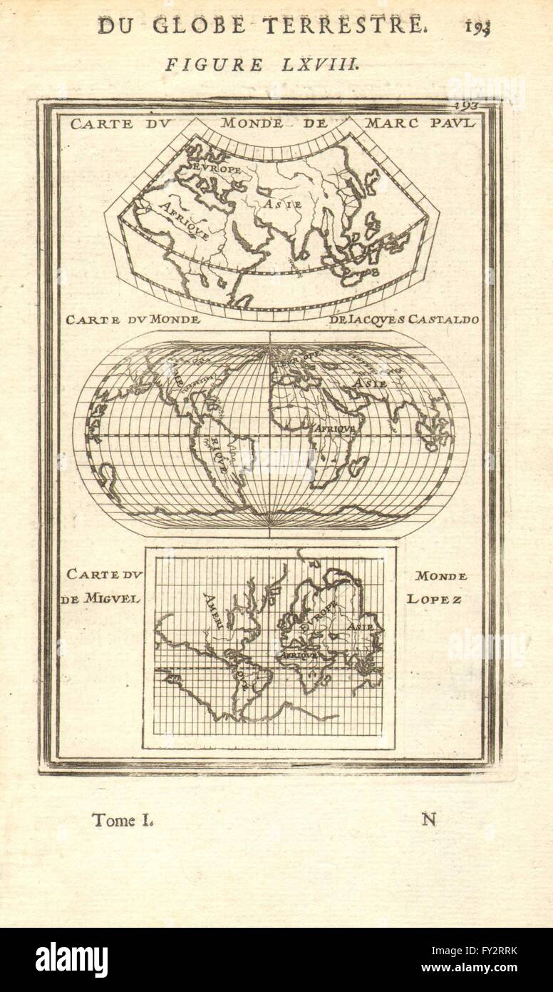 Temprano mundo mapas:Pablo(Marco Polo)Castaldo(Gastaldi)Lopez(Lopes?).MALLET 1683 Foto de stock