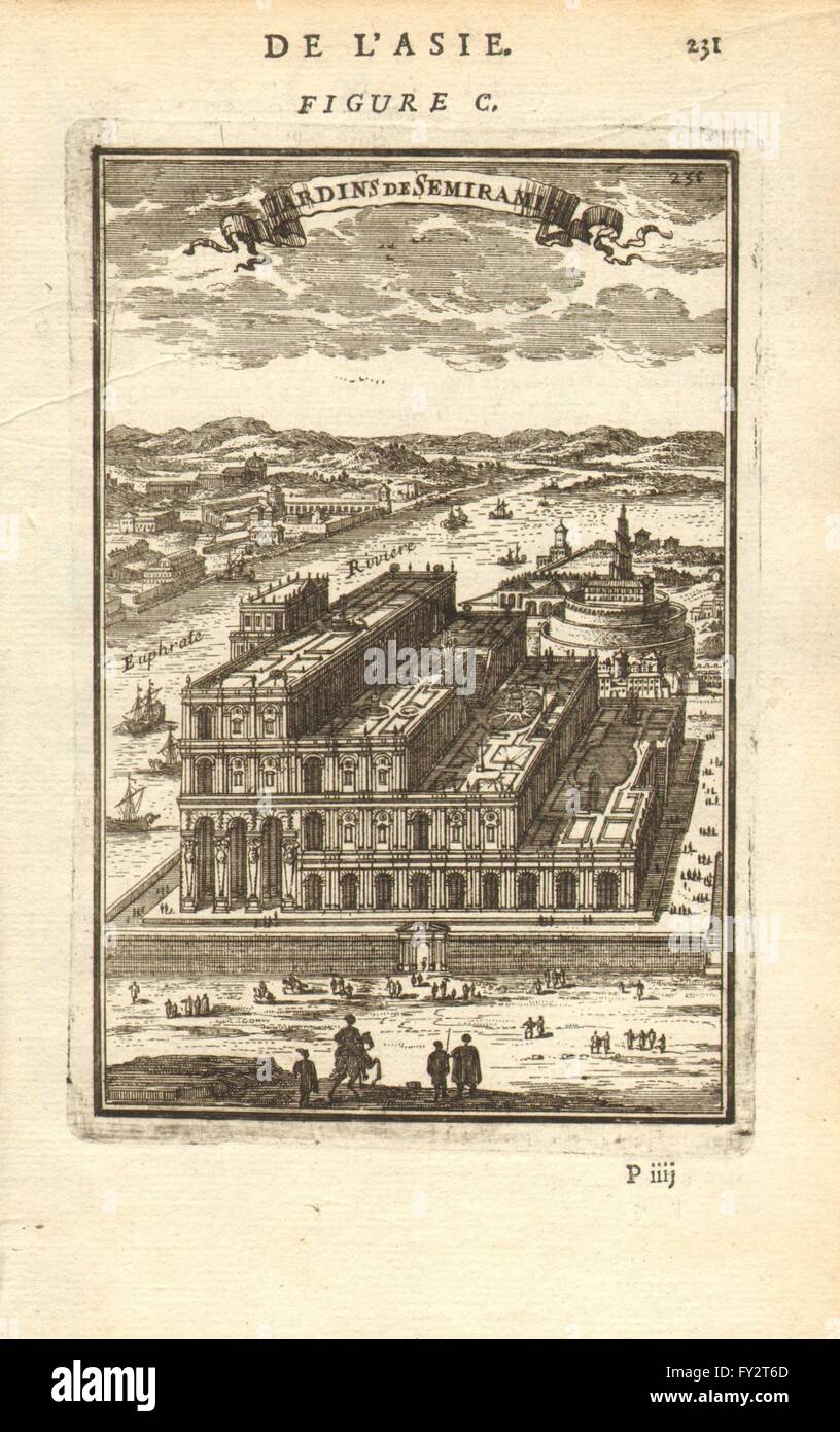 Jardines Colgantes de Babilonia: "Jardins de Semiramis'. Impresión de antigüedades MALLET, 1683 Foto de stock