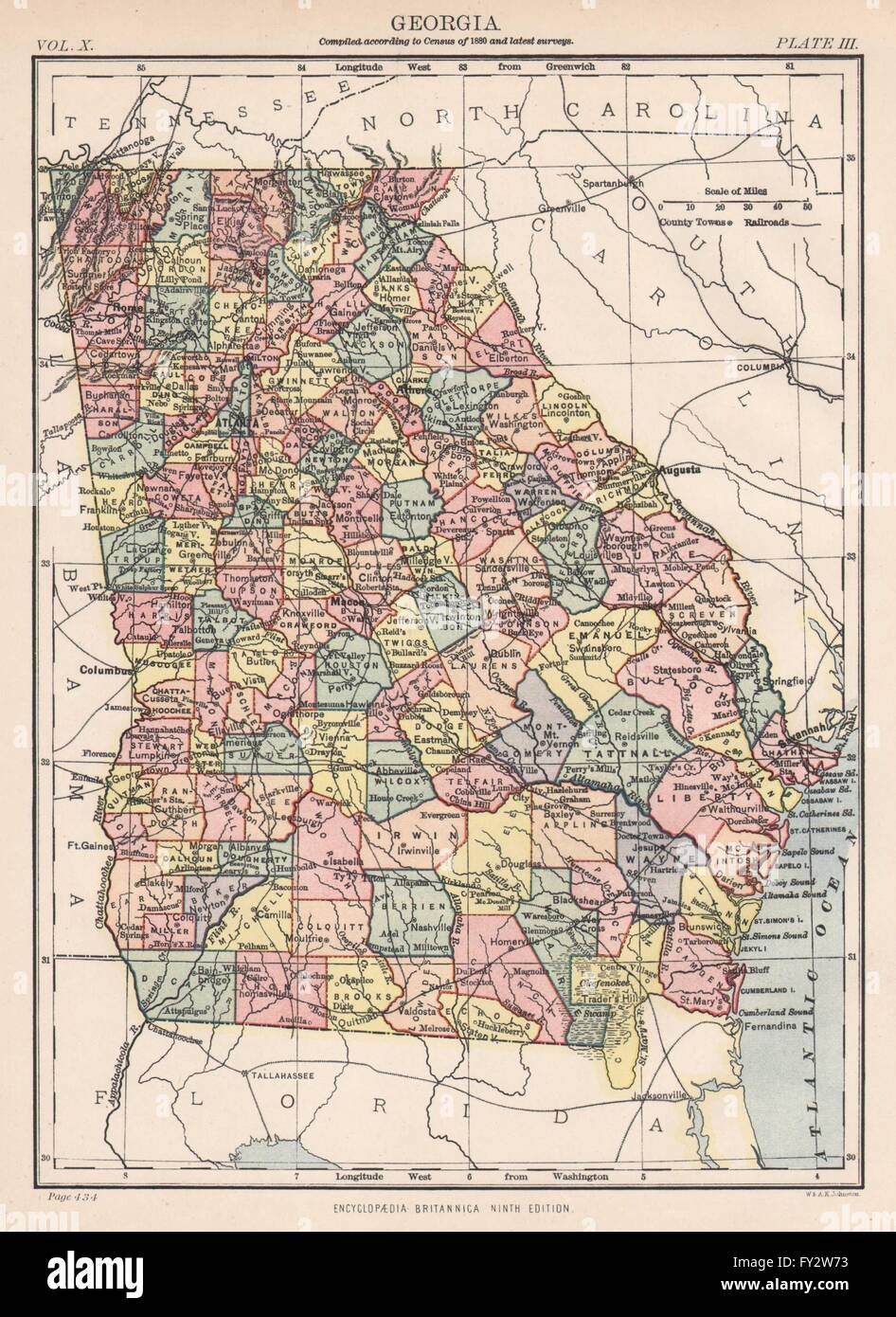GEORGIA: mapa de estado. Los condados o ferrocarriles. Atlanta. La