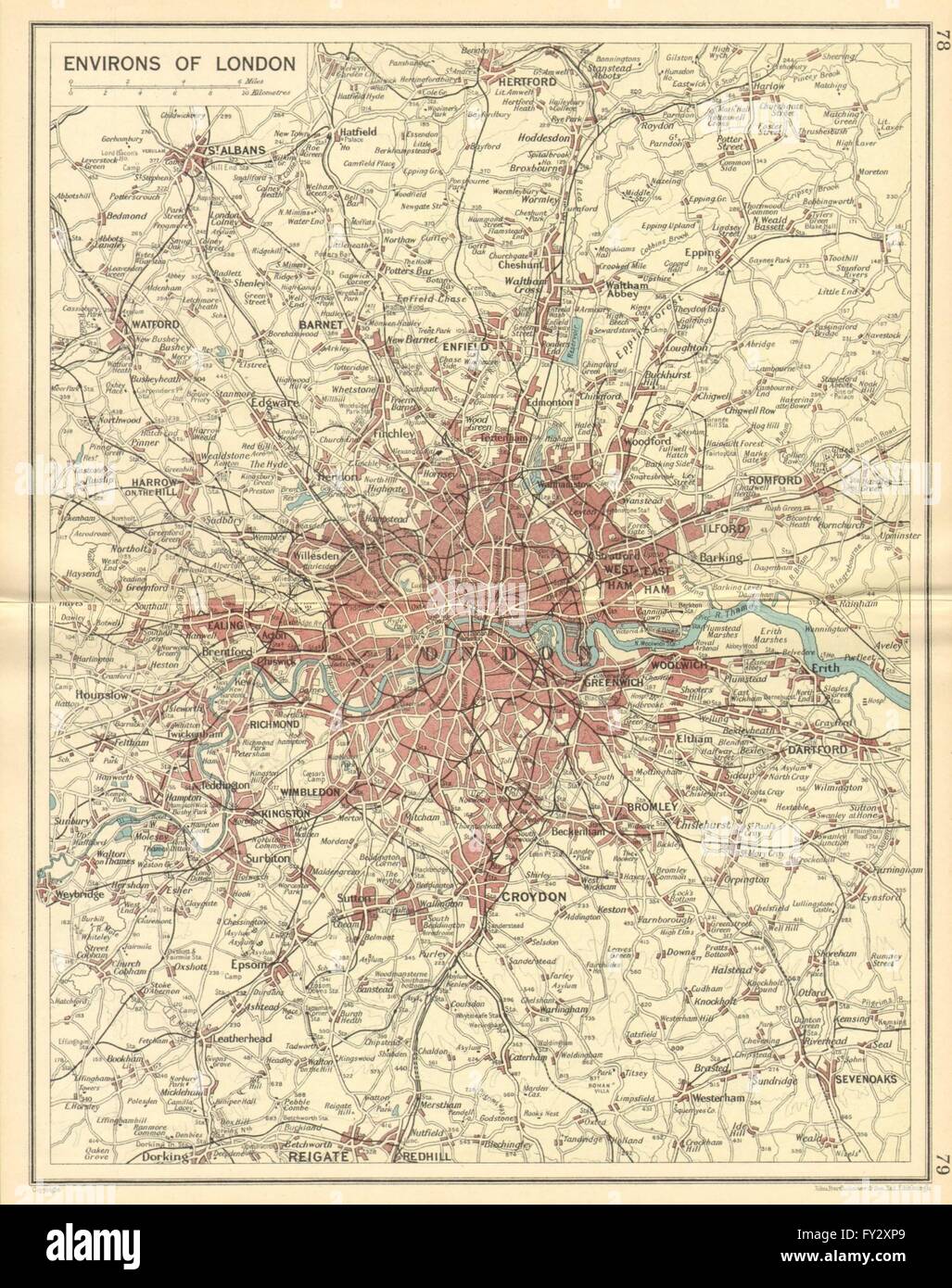 Londres y condados: ferrocarriles y carreteras. Bartolomé, 1930 vintage mapa Foto de stock