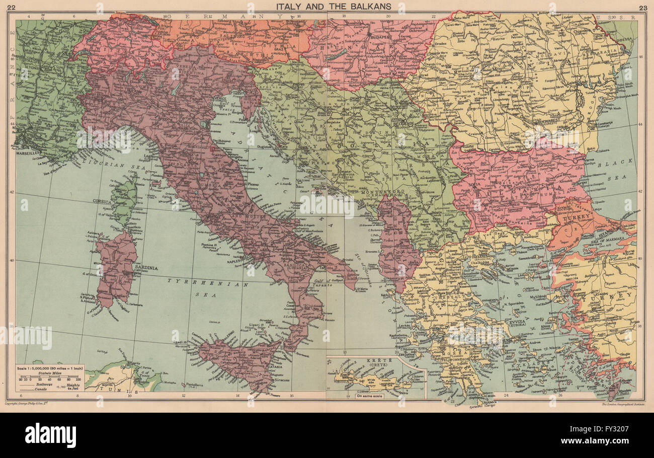 Guerra Mundial 2: Istria italiana Zara Lagosta Dodecanese Albania.  Balcanes, 1940 mapa Fotografía de stock - Alamy