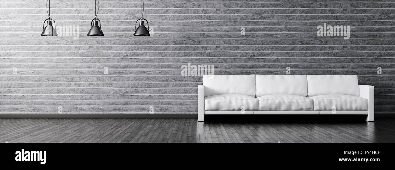 Moderno interior de salón con sofás blancos y negros contra las lámparas de pared de piedra panorama 3D rendering Foto de stock