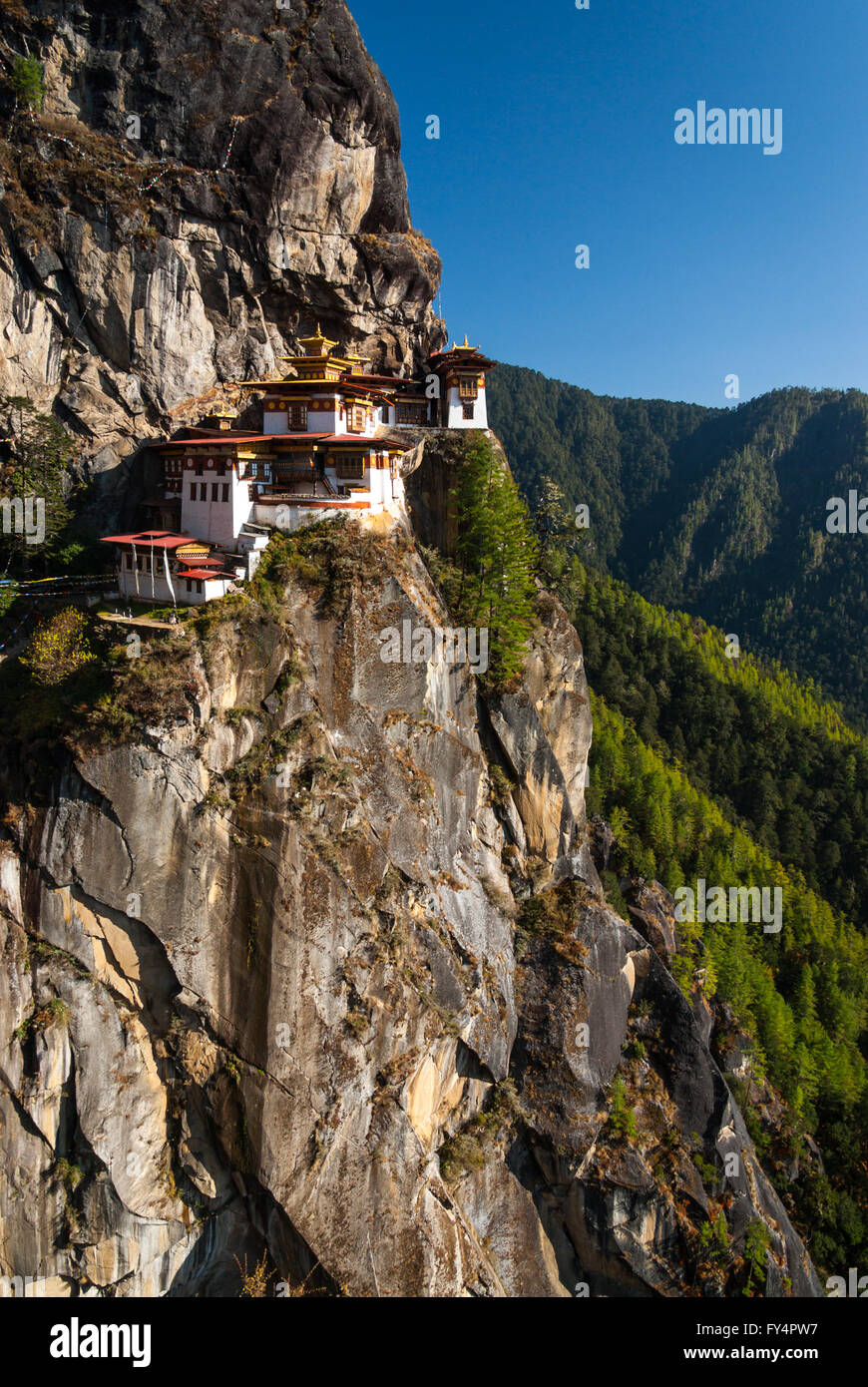Espectacular Tiger's Nest (Monasterio Taktshang Goemba), encaramado sobre un acantilado cerca de Paro, Bhután Foto de stock