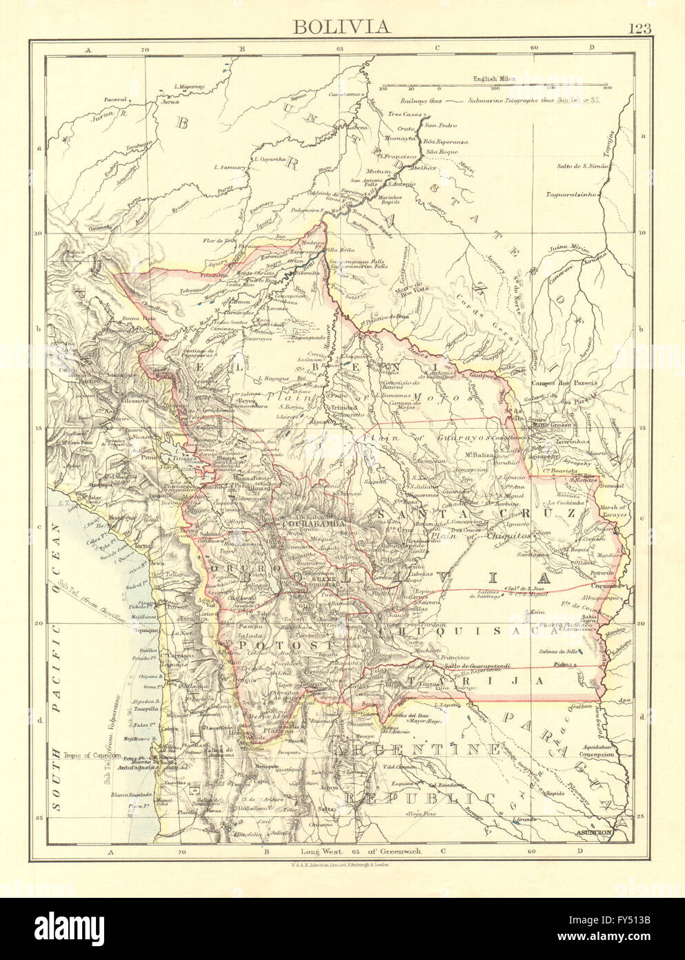 BOLIVIA inc. Norte Gran Chaco perdió a Paraguay en la guerra de 1932-1935. JOHNSTON 1906 mapa Foto de stock