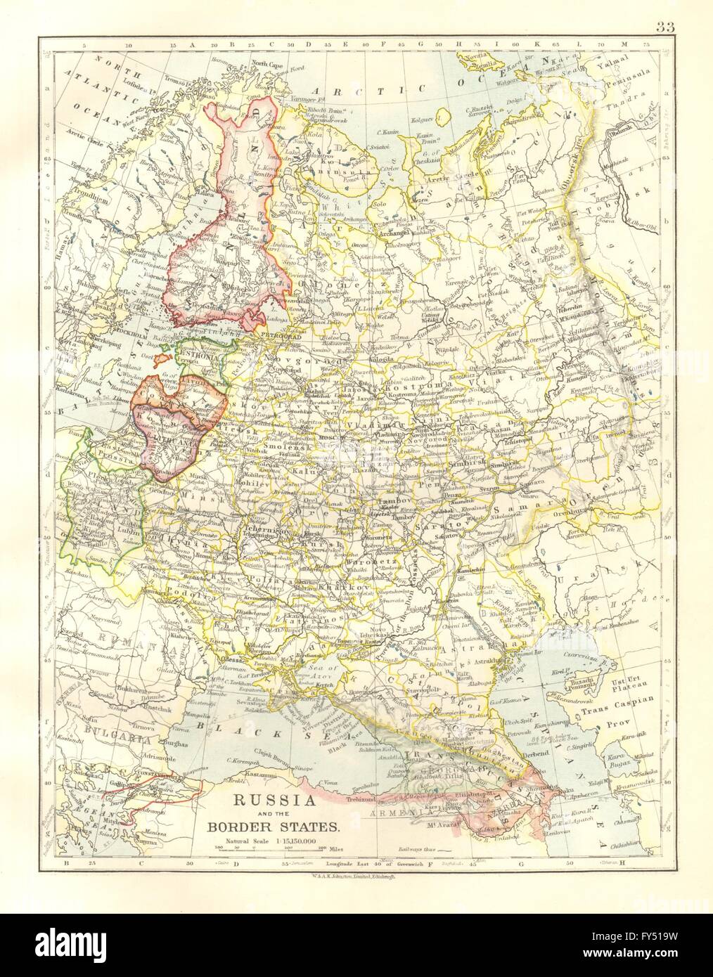 La parte europea de Rusia y Finlandia y Polonia recién creado Estados bálticos.Johnston 1920 mapa Foto de stock