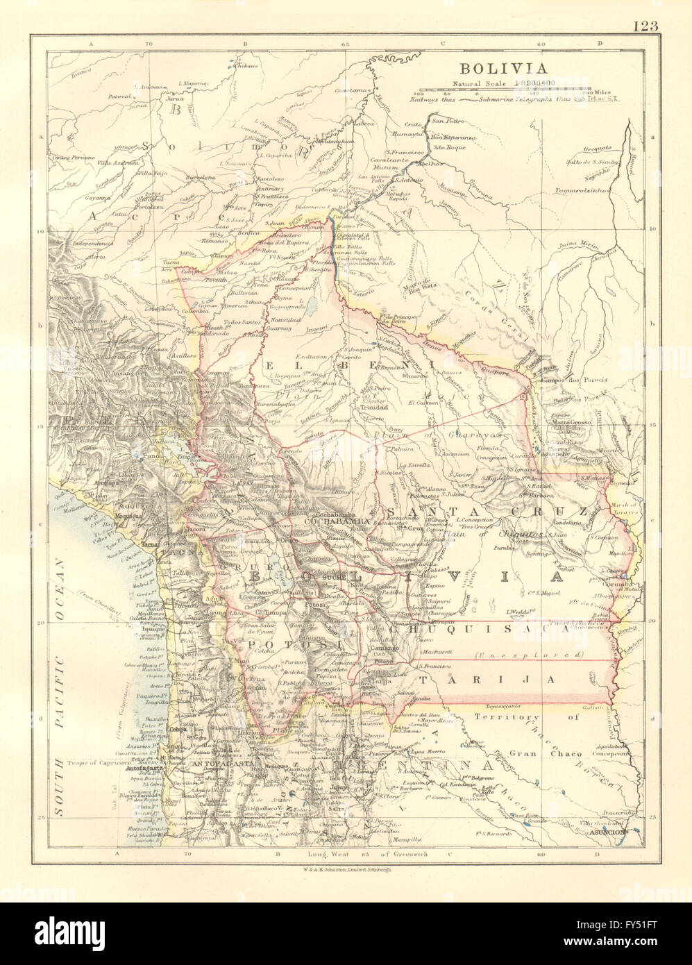 BOLIVIA inc. Norte Gran Chaco perdió a Paraguay en la guerra de 1932-1935. JOHNSTON 1920 mapa Foto de stock