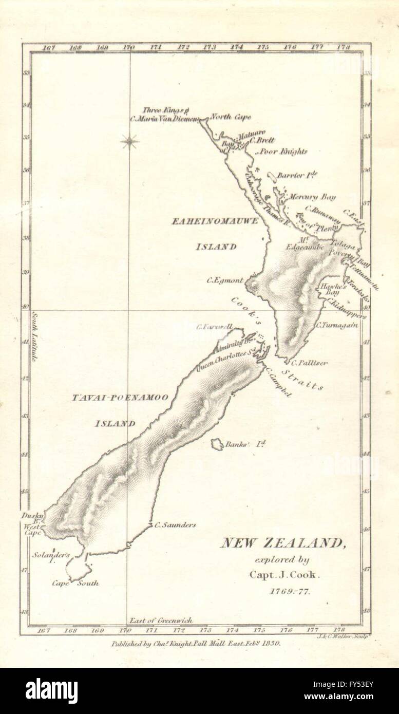 "Nueva Zelanda explorado por el Capitán J. Cook 1769-77'. Temprano mapa pequeño. KNIGHT 1830 Foto de stock