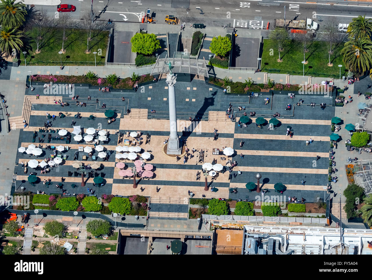 Vista aérea de la plaza Union Square, con la columna de La Victoria, San Francisco, San Francisco Bay Area, California, EE.UU. Foto de stock