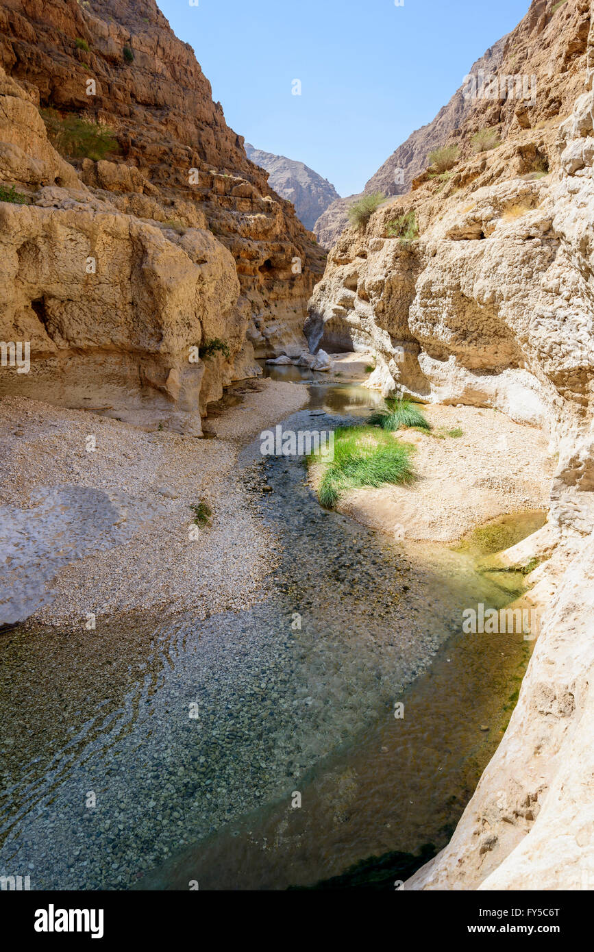 River en un cañón, Wadi ash Shab, Sultanato de Omán Foto de stock